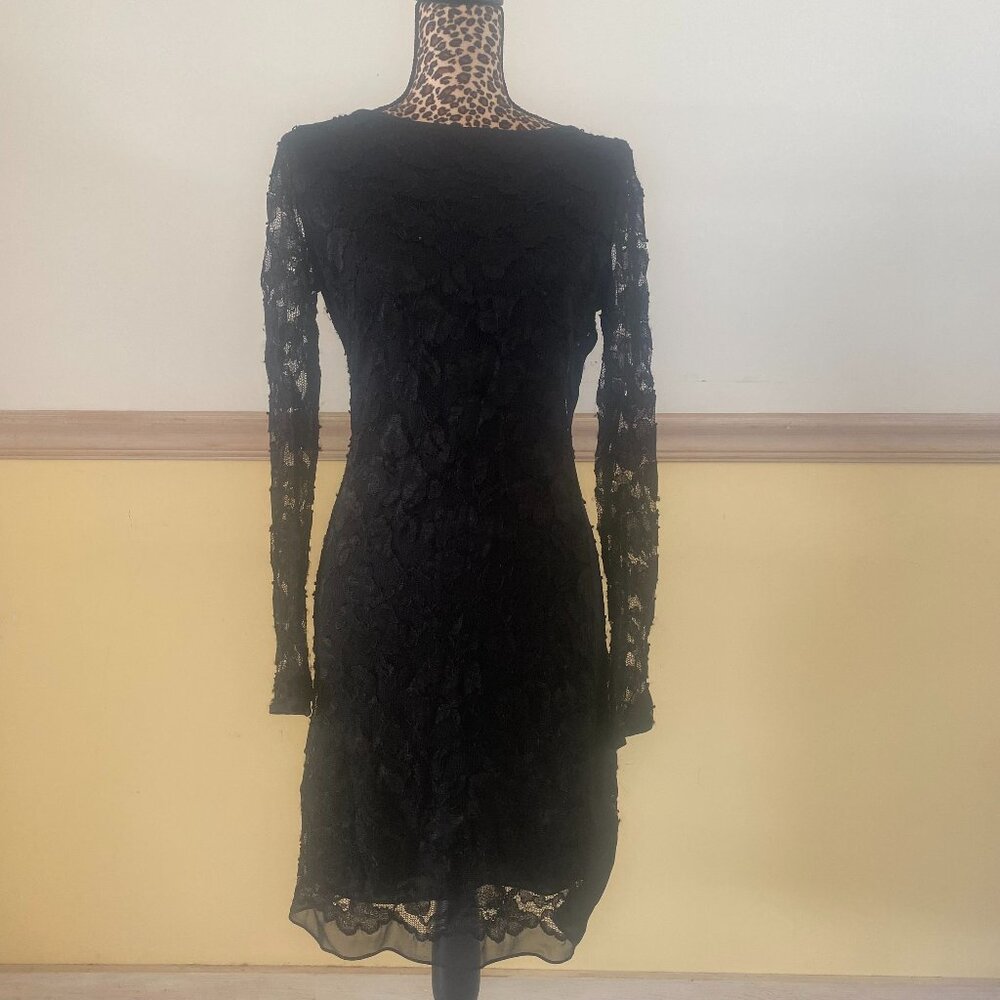 Diane von Furstenberg Black Floral Lace Silk Blend Sheath Dress Wmns 10 Long Slv